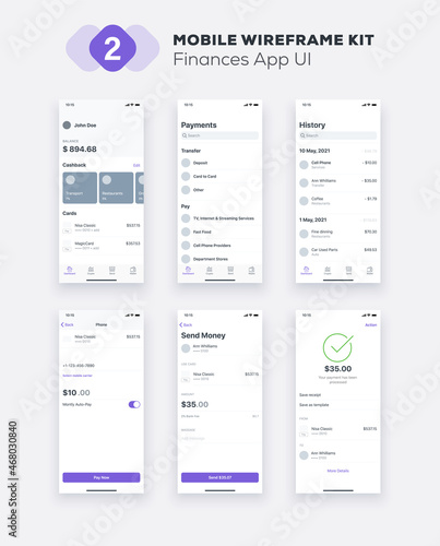 UI Mobile app. Finances UX, GUI design elements. Mobile application template layout.
