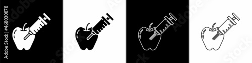 Set Genetically modified apple icon isolated on black and white background. GMO fruit. Syringe being injected to apple. Vector