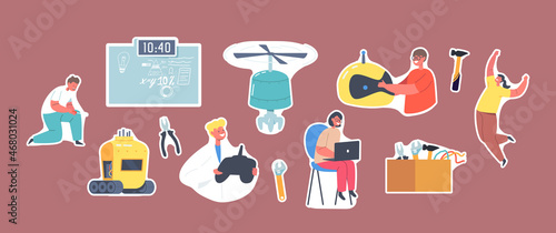 Set of Stickers Kids Programming and Creating Robots . Engineering for Kids, Children Learn Science, Mechanic Activities