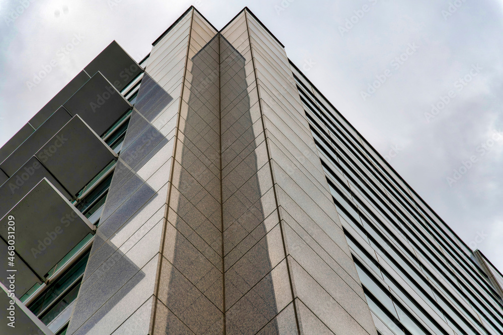 Corner of a high-rise building in a low-angle view at Salt Lake City, Utah