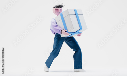 Awesome Travor carries a huge gift box with a bow. Highly detailed fashionable stylish abstract character isolated on white background. Right view. 3d rendering. photo