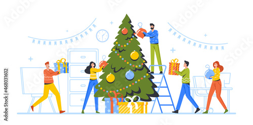 Happy Business Characters Decorate Christmas Tree Together in Office, Prepare for Winter Holidays Celebration.