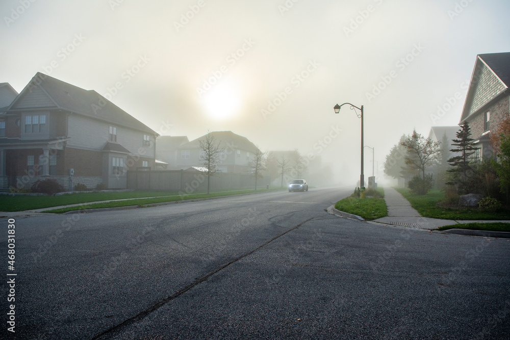 Morning street in autumn fog in fog Morning street in autumn fog in fog
