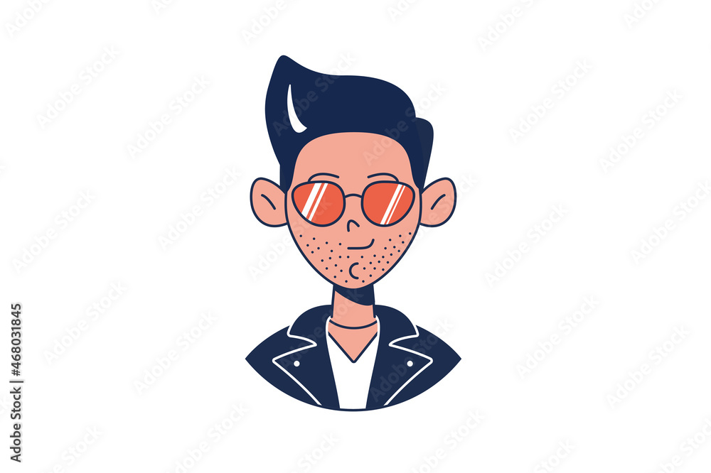 Head of bold dark-haired man in profile. Portrait of brunet man in sunglasses and leather jacket. Avatar of stylish guy for social networks. Isolated vector illustration in flat style