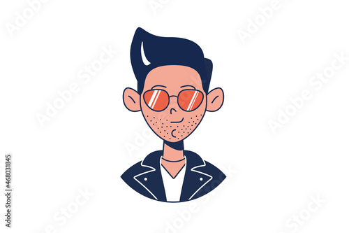 Head of bold dark-haired man in profile. Portrait of brunet man in sunglasses and leather jacket. Avatar of stylish guy for social networks. Isolated vector illustration in flat style