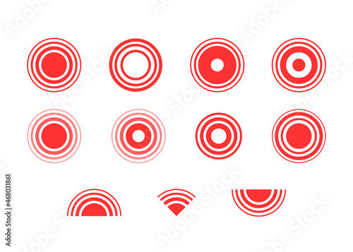 Pain localization sign pulse red circle set. Pain red rings to mark. Icon radial inflammation. Aim health icon. Vector symbol