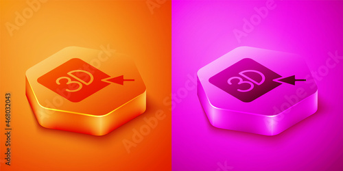 Isometric 3D printer icon isolated on orange and pink background. 3d printing. Hexagon button. Vector
