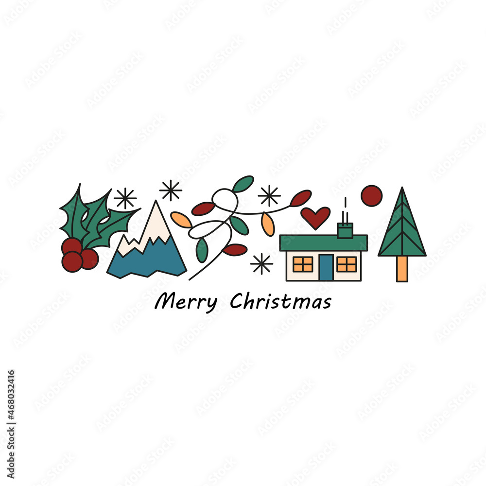 doodle christmas poster with lettering and colored elements, mistletoe, mountain, garland, house, home, pine tree, snowflakes