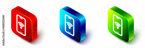 Isometric Smartphone with free wi-fi wireless connection icon isolated on white background. Wireless technology, wi-fi connection, wireless network. Red, blue and green square button. Vector