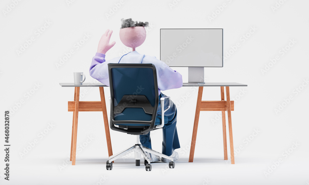 Fototapeta premium Awesome Travor greets with a hand on camera by computer. Online communication concept. Highly detailed fashionable stylish abstract character isolated on white background. Right view. 3d rendering.
