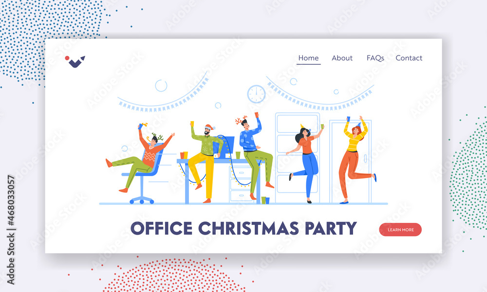 Office Christmas Party Landing Page Template. Corporate Xmas, Joyful Managers Colleagues Characters Celebrating Holiday Office Christmas Party Landing Page Template. Corporate Xmas, Joyful Managers Colleagues Characters Celebrating Holiday