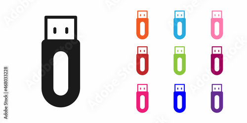 Black USB flash drive icon isolated on white background. Set icons colorful. Vector