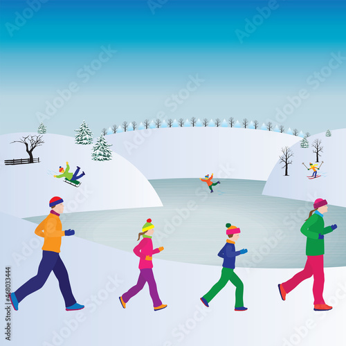 Running family. In winter clothes.