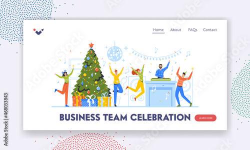 Business Team Celebration Landing Page Template. Characters Dance at Christmas Disco. Friends, Colleagues Celebrate