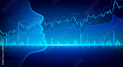 Artificial intelligence trading stock or forex by snalyzing all indicators. Computer software of trade on stock exchange. Cyborg trader.