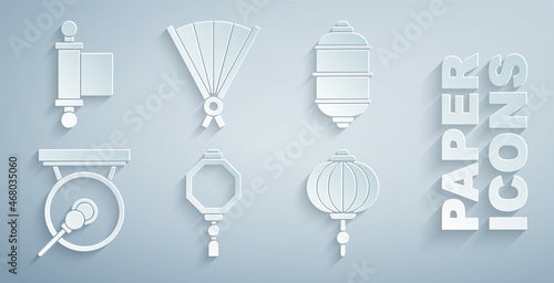 Set Chinese paper lantern, Gong, Paper chinese folding fan and Decree, paper, parchment, scroll icon. Vector