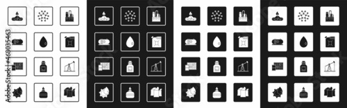 Set Oil industrial factory building, drop, Alcohol spirit burner, Canister for gasoline, Molecule oil, pump pump jack and price increase icon. Vector