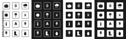 Set Cloud with rain, Tree, Sun, Pumpkin, Barbecue grill, Leaf or leaves, and Corn icon. Vector