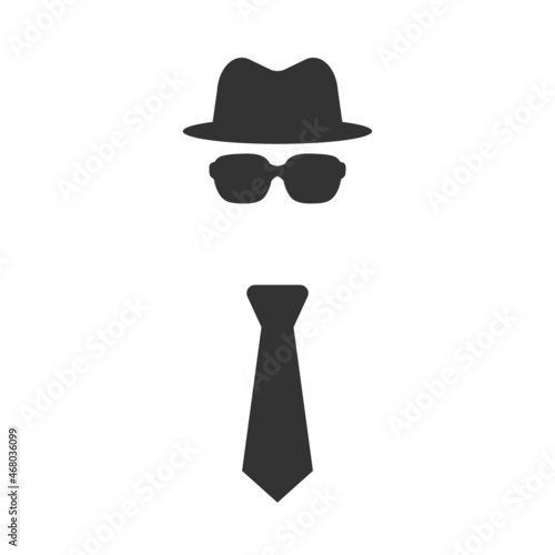 Spy icon, special agent hat glasses and tie. Man in hat, Stock vector illustration isolated on white background