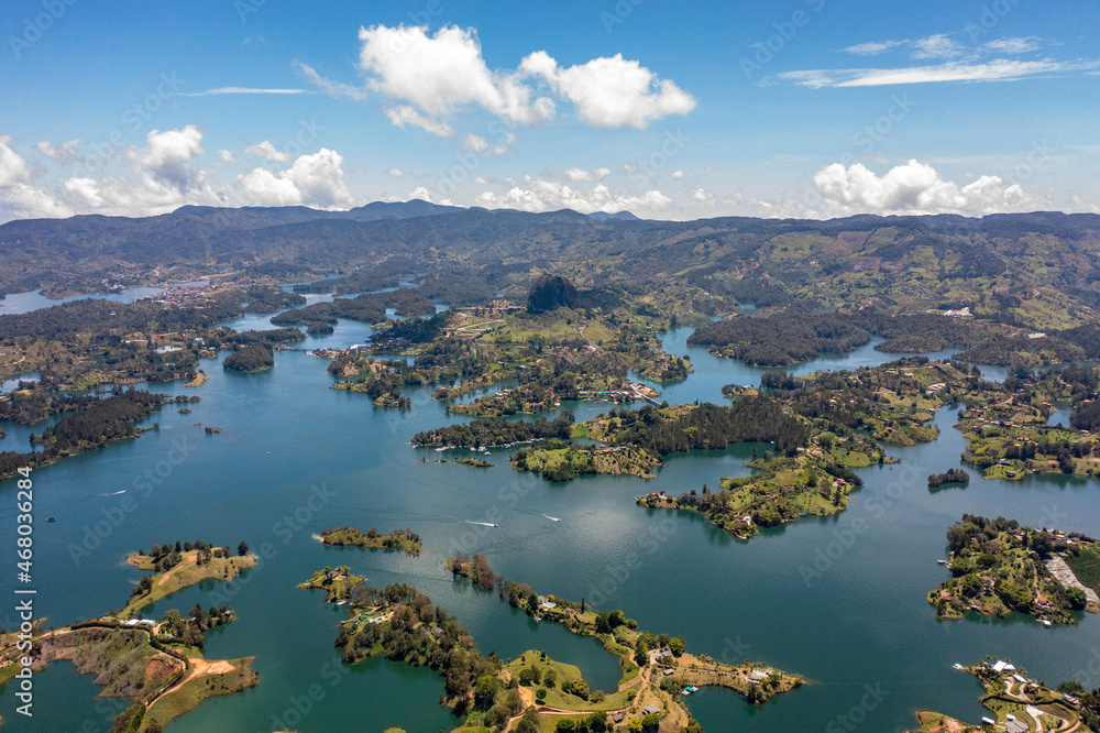 beautiful aerial of river landscape in guatape colombia during the summer