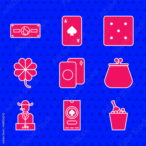 Set Deck of playing cards, Casino poker tournament invitation, Champagne an ice bucket, Wallet, Poker player, slot machine with clover, Game dice and Stacks paper money cash icon. Vector