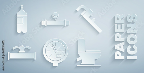 Set Water meter, Pipe adjustable wrench, Industry pipe and valve, Toilet bowl, manometer and Bottle of water icon. Vector