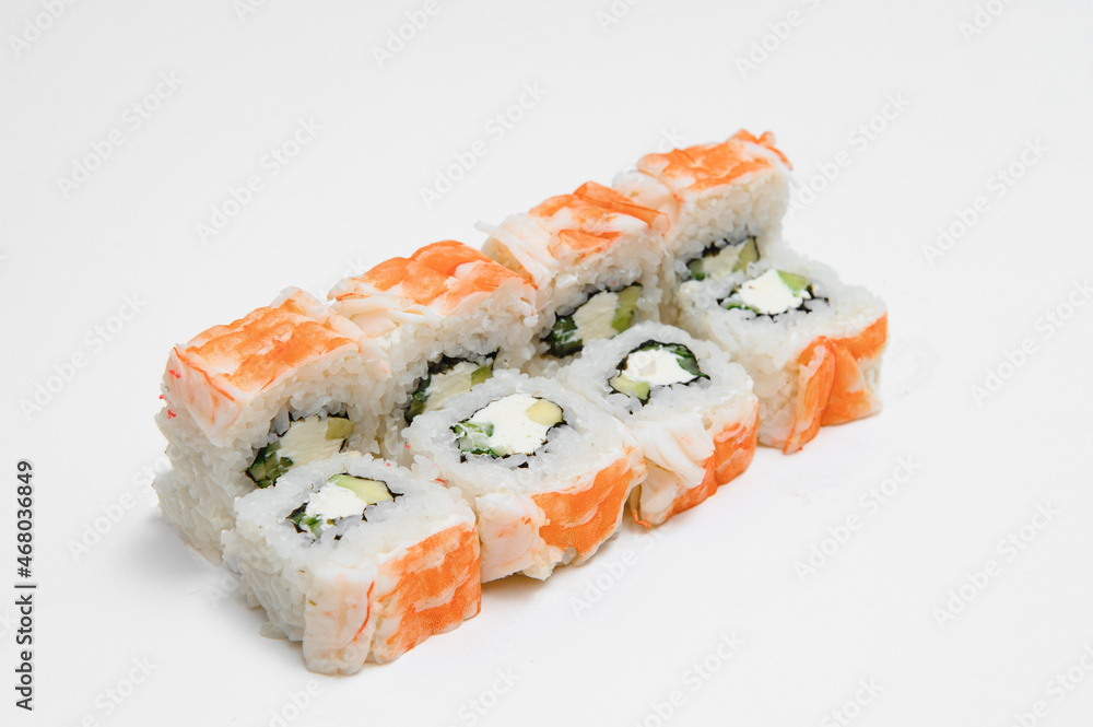 Japanese seafood sushi , roll on a white background Japanese seafood sushi , roll on a white background
