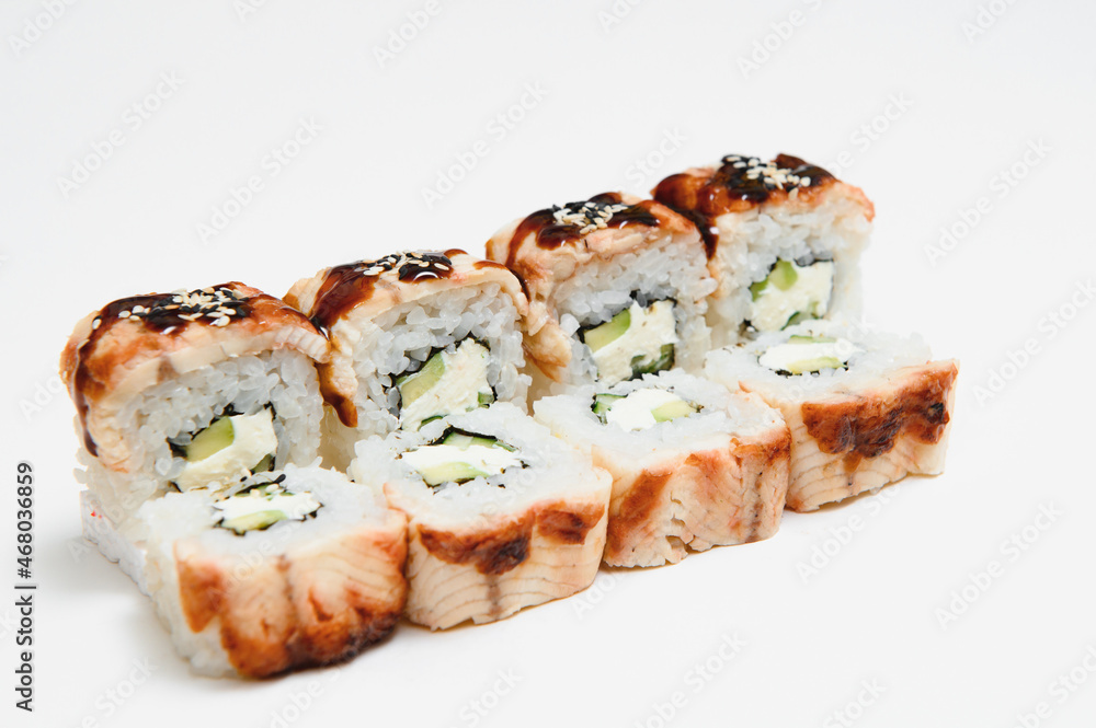 Japanese seafood sushi , roll on a white background Japanese seafood sushi , roll on a white background