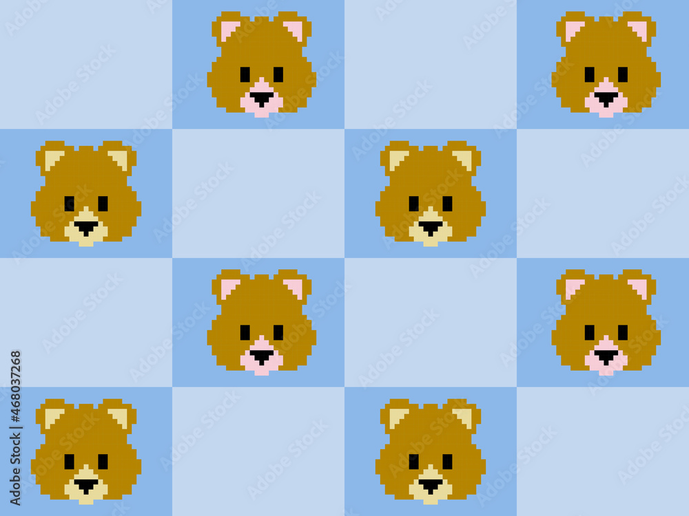 Pixel style brown bear head cartoon character on blue background.
Pixel style brown bear head cartoon character on blue background.