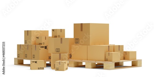 Carton cardboard boxes on two wooden pallets over white background, freight, cargo, delivery or storage concept © Shawn Hempel