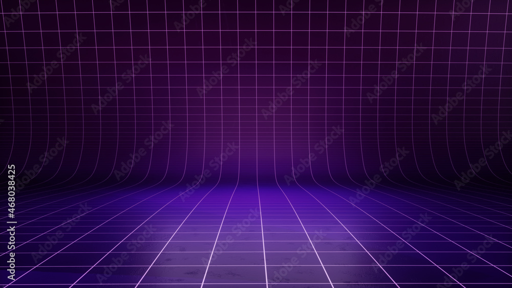 New retro wave virtual background. A TV backdrop Ideal for tech shows, or technology events. 3D render suitable on VR tracking systems with green screen - obrazy, fototapety, plakaty 