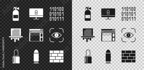 Set Fire extinguisher, Lock on computer monitor, Binary code, Safe combination lock, Bullet, Bricks, Paper shredder and Website template icon. Vector