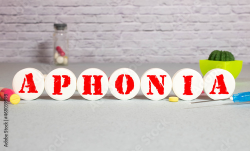 word aphonia on white large pills, medical concept photo