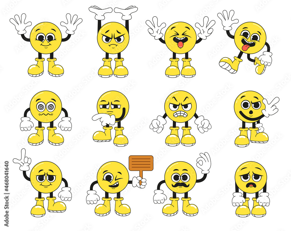 Round yellow cartoon mascot characters. Helpers who hold or show the way, with a sign or waving their hands. Isolated on white background Round yellow cartoon mascot characters. Helpers who hold or show the way, with a sign or waving their hands. Isolated on white background