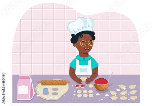 A little African-American boy is making dumplings out of raw dough. The process of molding takes place in the kitchen at the table. Concept of entertainment, learning. Funny character in a flat style.