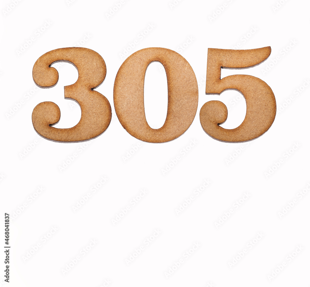 Number 305 in wood, isolated on white background Number 305 in wood, isolated on white background