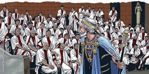 Ancient Rome - Senators of the Roman Republic. Representation of a session of the Senate photo