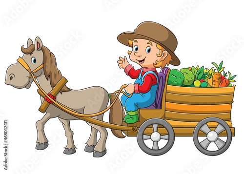 The farmer man with horse is pulling a cart full of vegetables