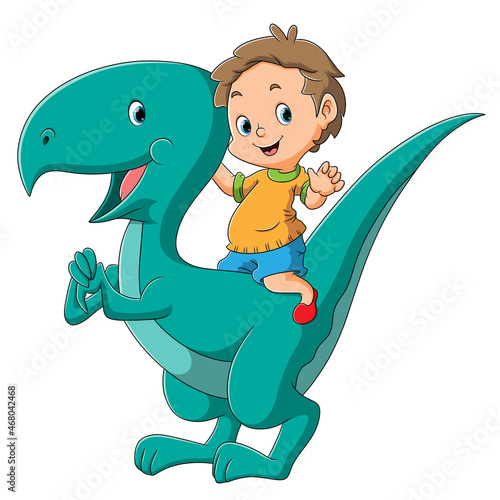 The boy is riding the dinosaur megalosaurus