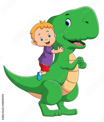 The boy is hugging the dinosaur tyrannosaurus