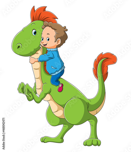 The boy is playing the dinosaur stegosaurus