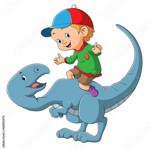 The boy is sitting on the dinosaur stegoceras photo