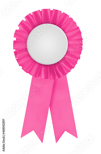 Circular pleated pink ribbon winners rosette with blank white center for applying a design to. Photographed on a blank white background. Can be used to represent femininity or breast cancer causes.  © Lawrey