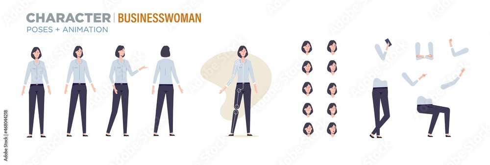 businesswoman character for animation. Creation set with various views, face emotions, poses and gestures. - obrazy, fototapety, plakaty 