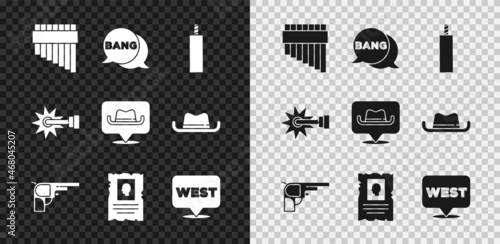 Set Pan flute, Bang boom, gun Comic, Dynamite bomb, Revolver, Wanted western poster, Pointer to wild, Spur and Location cowboy icon. Vector