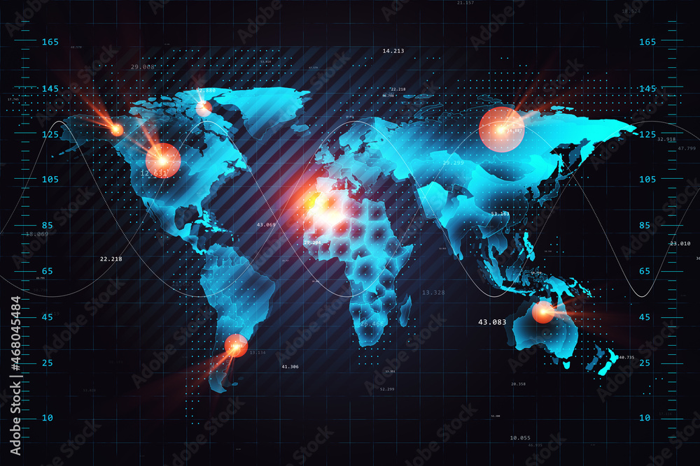 Fototapeta premium Abstract glowing map hologram on dark background. Technology, future and planet concept. 3D Rendering.