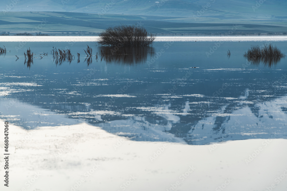 Beautiful mountains landscape. Bush and mountains reflected lake and mountain at the sunrise.