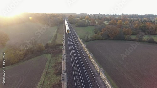 Aerial view for railway viaduct around country side .Balcombe ouse walley united kingdom 