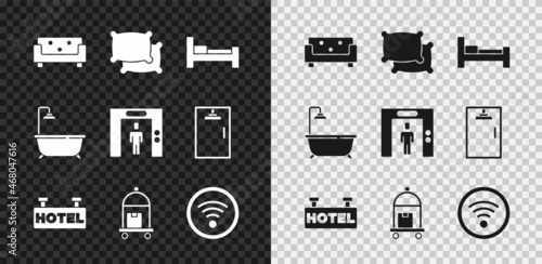 Set Sofa, Pillow, Hotel room bed, Signboard with text, Suitcase, Wi-Fi wireless, Bathtub shower and Lift icon. Vector