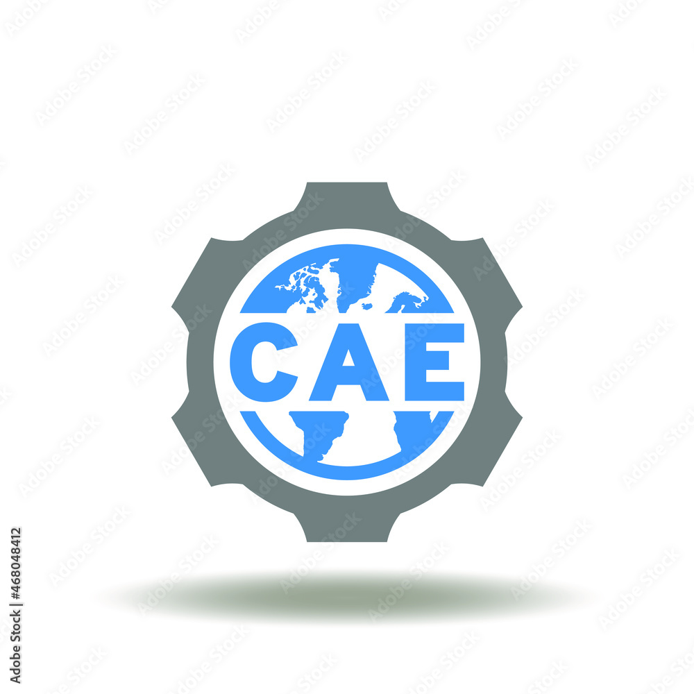 Vector illustration of gear and earth planet with cae acronym. Symbol of computer aided engineering. Icon of CAD computing development system. Vector illustration of gear and earth planet with cae acronym. Symbol of computer aided engineering. Icon of CAD computing development system.